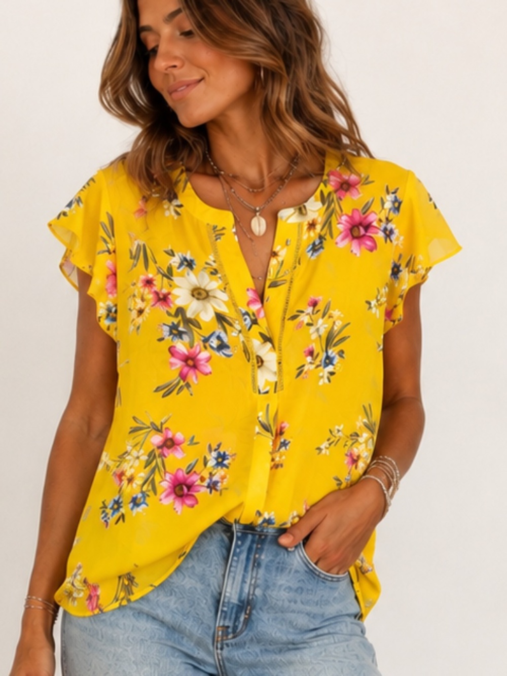DR2 Daniel Rain Yellow Floral Sheer Flutter Sleeve V-Neck Blouse Top Sz PXS EUC